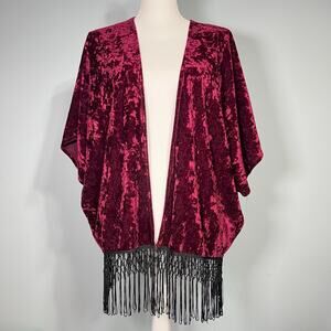 Vintage Y2K Wet Seal Burgundy Crushed Velvet Fringe Open Jacket Boho Chic Party